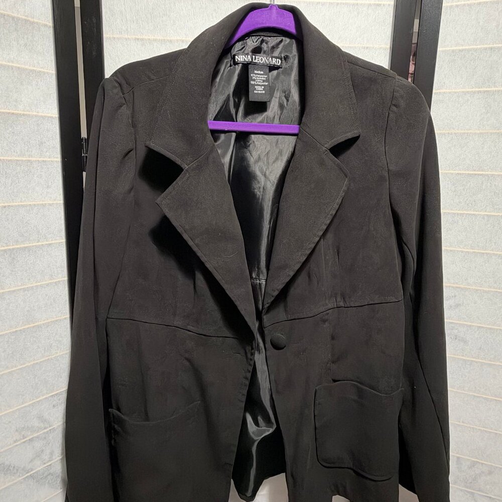 Nina Leonard Women’s Medium Black Stretch Blazer Single Button Career Jacket